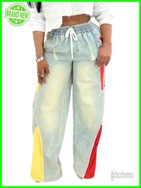 High Waisted Straight Wide Leg Drawstring Jeans Polyester Spandex